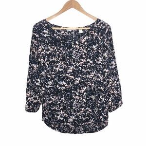 Max Studio Black Tie-Dye Floral Long Sleeve 100% Silk Blouse Top Size S